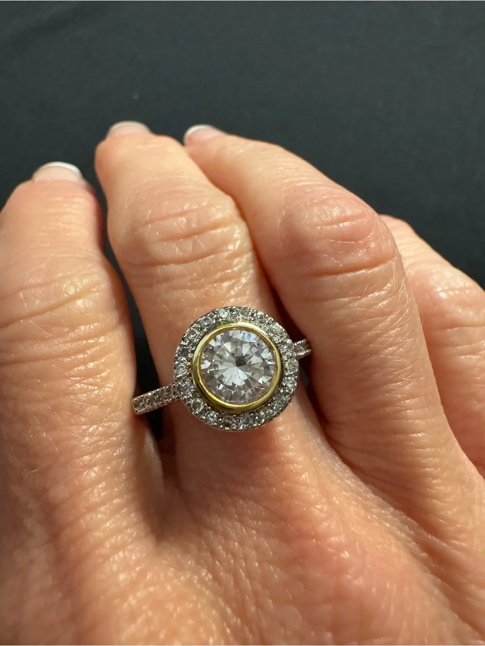 Sterling Silver 925 Two-Tone CZ Halo Ring - Gold Vermeil Bezel - Size 8.75
